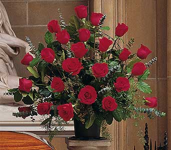 Blooming red roses basket