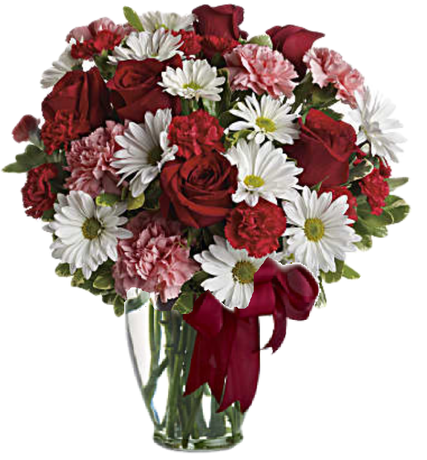 Hugs and kisses bouquet with red roses